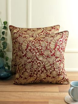 Eyda - Red And Gold Embellished Set Of 2 Cushion Cover-18X18 Inch