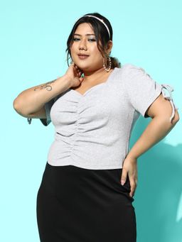 KASSUALLY - CURVE BY KASSUALLY Grey Sweatheart Neck Geathers Top