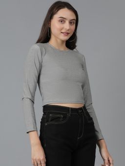 KOTTY - Women Round Neck Solid Cotton Blend Slim Fit Crop T-Shirt-Grey