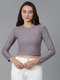 KOTTY - Women Round Neck Solid Cotton Blend Slim Fit Crop T-Shirt-Grey