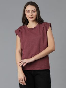 KOTTY - Women Solid Round Neck Cotton Blend T-Shirt-Maroon
