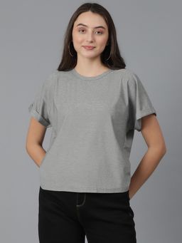 KOTTY - Women Solid Round Neck Cotton Blend Short Sleeve T-Shirt-Grey