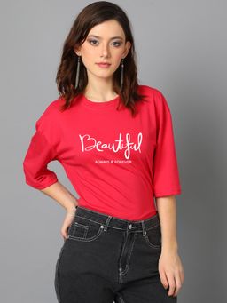 KOTTY - Women Typography Round Neck Cotton Blend Three Fourth Sleeve T-Shirt-Red