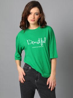 KOTTY - Women Typography Round Neck Cotton Blend Three Fourth Sleeve T-Shirt-Green