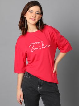 KOTTY - Women Typography Round Neck Cotton Blend Three Fourth Sleeve T-Shirt-Red