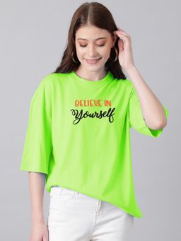 KOTTY - Women Round Neck Cotton Blend Oversized Printed T-Shirt-Green