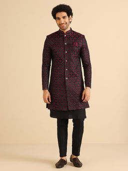 KISAH - Men Black & Burgandy Woven Silk Blend Jacquard Kurta Indowestern Sherwani Trouser Set