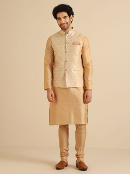 KISAH - Men Gold Kurta and Nehru Jacket with Churidar (Set of 3)