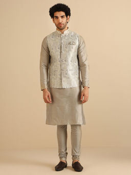 KISAH - Men Grey Kurta and Nehru Jacket with Churidar (Set of 3)