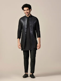 KISAH - Men Navy Blue Tape Work Embellishment, Open Jacket Cotton Blend Kurta Jacket Trouser Set