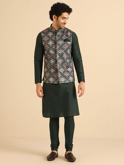 KISAH - Men Bottle Green Kurta and Jacket with Churidar (Set of 3)