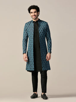 KISAH - Men Blue Textured Silk Blend Kurta Indowestern Sherwani Trouser Set with Abstract Print