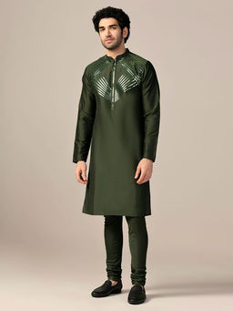 KISAH - Men Olive Green Tape Work Embellishment Cotton Blend Kurta Churidar Set with Zari Design