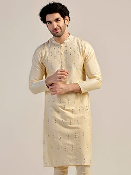 KISAH - Men Cream Mirror Work Embroidery Cotton Blend Kurta with Zari Design