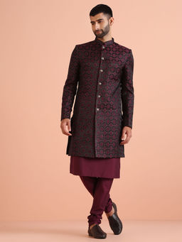 KISAH - Men Burgundy Kurta and Sherwani with Churidar (Set of 3)