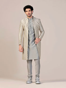 KISAH - Men Grey Kurta and Sherwani with Churidar (Set of 3)