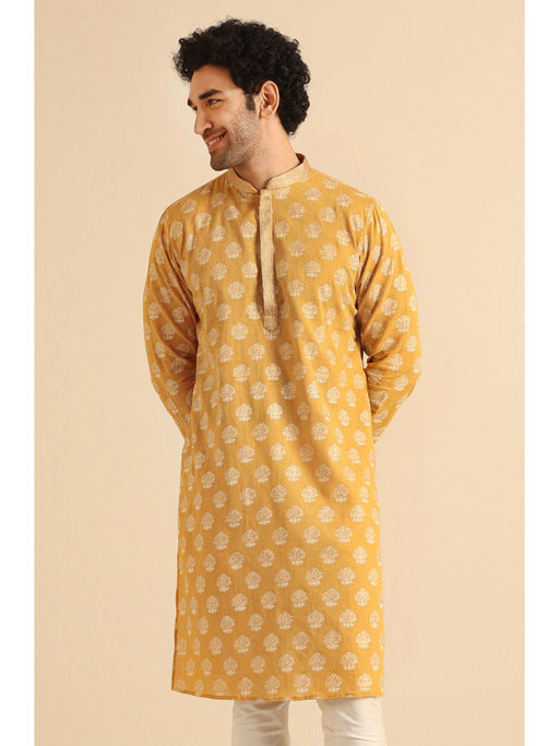KISAH Men Yellow Foil Printed Cotton Blend Kurta with Zari Design