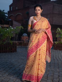 Beatitude - Yellow Cotton Silk Jacquard Jamdani Saree Without Blouse