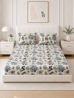 The Home Story - 100% Cotton King Size Bedsheet with 2 Pillow Covers, Azure Fern