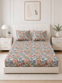 The Home Story - 100% Cotton King Size Bedsheet with 2 Pillow Covers, Coral Mist