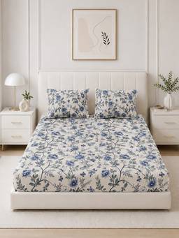 The Home Story - 100% Cotton King Size Bedsheet with 2 Pillow Covers, Indigo Leaf