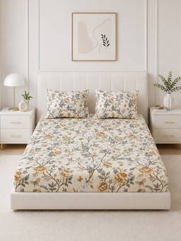 The Home Story - 100% Cotton King Size Bedsheet with 2 Pillow Covers, Golden Bloom