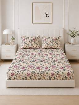 The Home Story - 100% Cotton King Size Bedsheet with 2 Pillow Covers, Mauve Vine