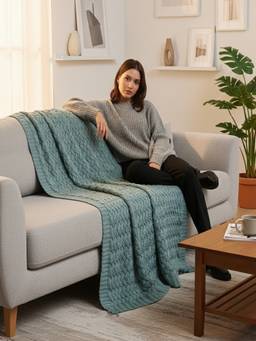 PLUCHI - Criss Cross 100% Cotton Knitted All-Season AC Throws , Mineral Blue