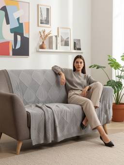 PLUCHI - Seed Stitch Acid Wash 100% Cotton Knitted All-Season AC Throws , Charcoal Grey