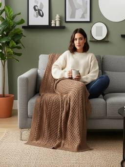 PLUCHI - Seed Stitch Acid Wash 100% Cotton Knitted All-Season AC Throws , Dark Coffee