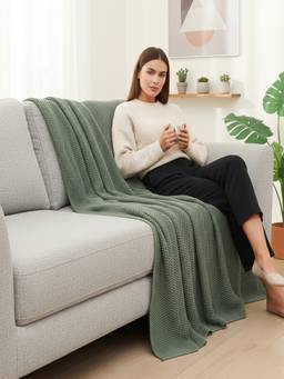 PLUCHI - Kennedy 100% Cotton Knitted All-Season AC Throws , Green