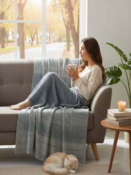 PLUCHI - Gradient Bliss Cotton Knitted All-Season Throws , Blue & Natural