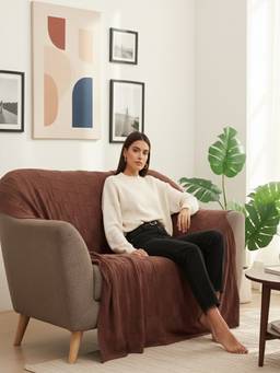 PLUCHI - Square Checks Cotton Knitted All-Season Throws , Nutmeg