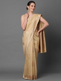 Akhilam - Cream Festive Silk Blend Woven Design Saree with Unstitched