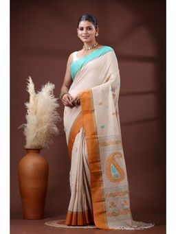 SLAGHA - Women's Ethnic Woven Cotton Beige Saree with Unstitched Blouse