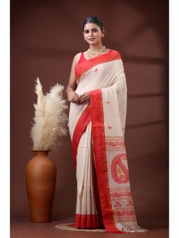 SLAGHA - Women's Ethnic Woven Cotton Beige Saree with Unstitched Blouse