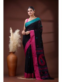 SLAGHA - Women's Ethnic Woven Cotton Black Saree with Unstitched Blouse