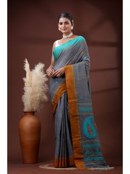SLAGHA - Women's Ethnic Woven Cotton Grey Saree with Unstitched Blouse