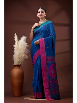 SLAGHA - Women's Ethnic Woven Cotton Blue Saree with Unstitched Blouse