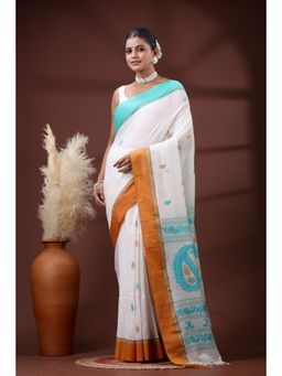 SLAGHA - Women's Ethnic Woven Cotton White Saree with Unstitched Blouse