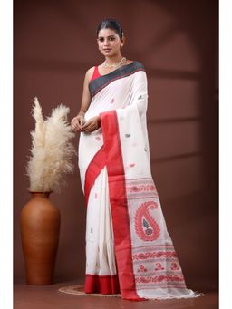 SLAGHA - Women's Ethnic Woven Cotton White Saree with Unstitched Blouse