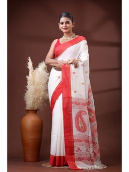 SLAGHA - Women's Ethnic Woven Cotton White Saree with Unstitched Blouse
