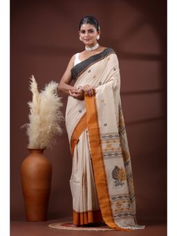 SLAGHA - Women's Ethnic Woven Cotton Beige Saree with Unstitched Blouse