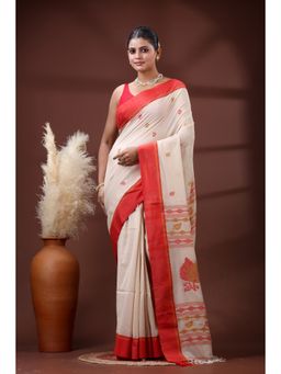 SLAGHA - Women's Ethnic Woven Cotton Beige Saree with Unstitched Blouse