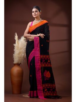 SLAGHA - Women's Ethnic Woven Cotton Black Saree with Unstitched Blouse