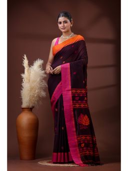 SLAGHA - Women's Ethnic Woven Cotton Maroon Saree with Unstitched Blouse