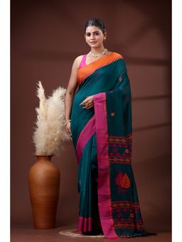 SLAGHA - Women's Ethnic Woven Cotton Teal Saree with Unstitched Blouse