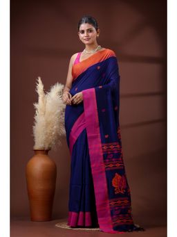 SLAGHA - Women's Ethnic Woven Cotton Blue Saree with Unstitched Blouse