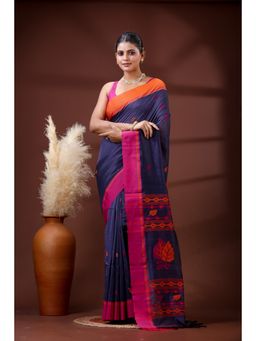 SLAGHA - Women's Ethnic Woven Cotton Blue Saree with Unstitched Blouse