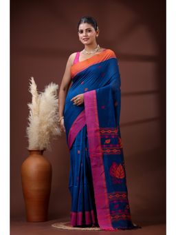 SLAGHA - Women's Ethnic Woven Cotton Blue Saree with Unstitched Blouse